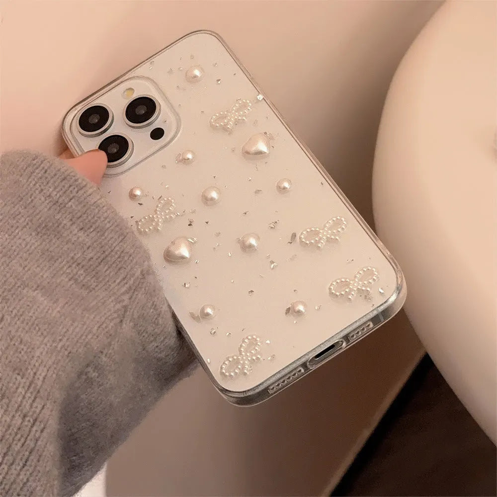 Epoxy stereo transparent TPU phone case for iPhone with love pearl white knot design