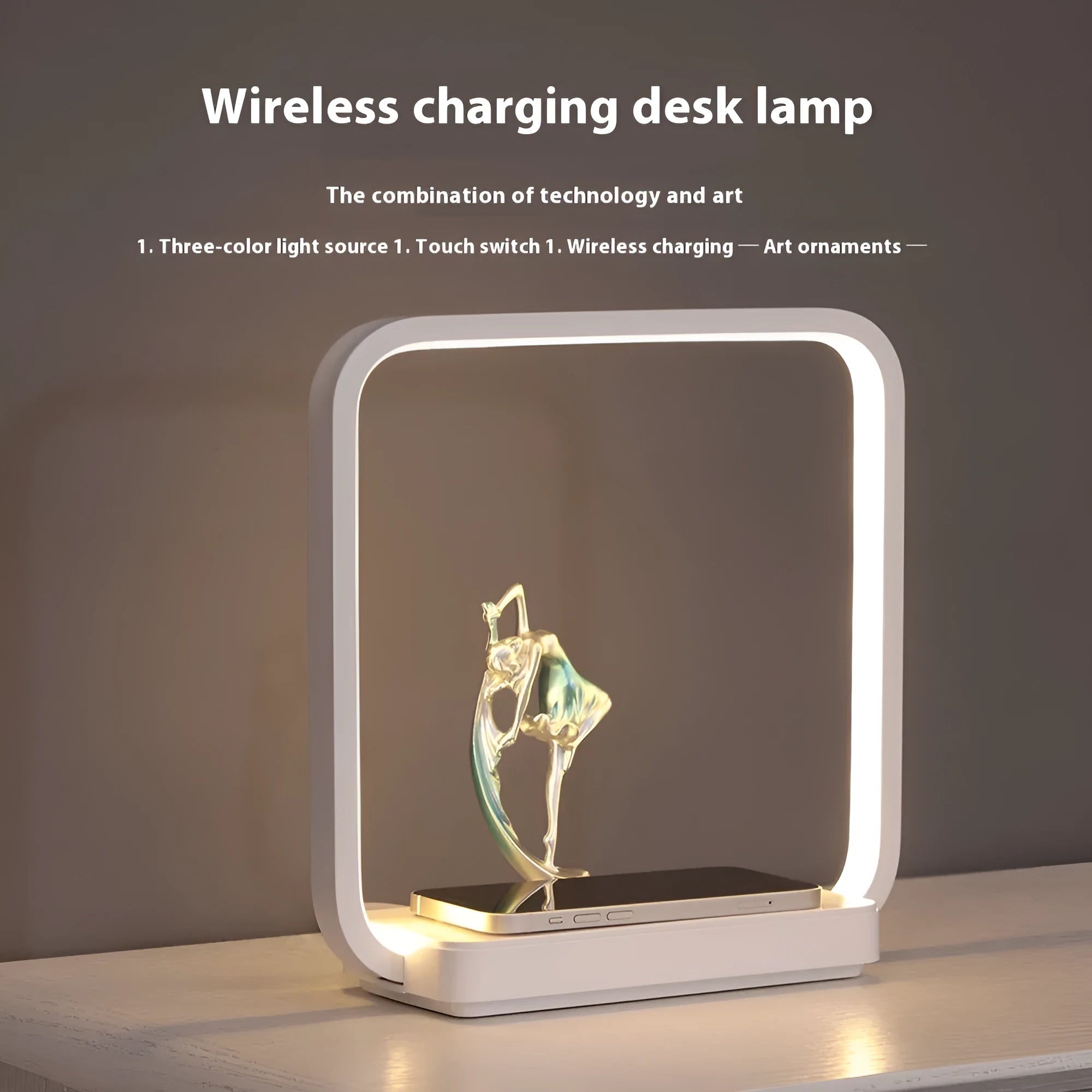 Blue and yellow atmosphere table lamp with integrated wireless phone charging surface