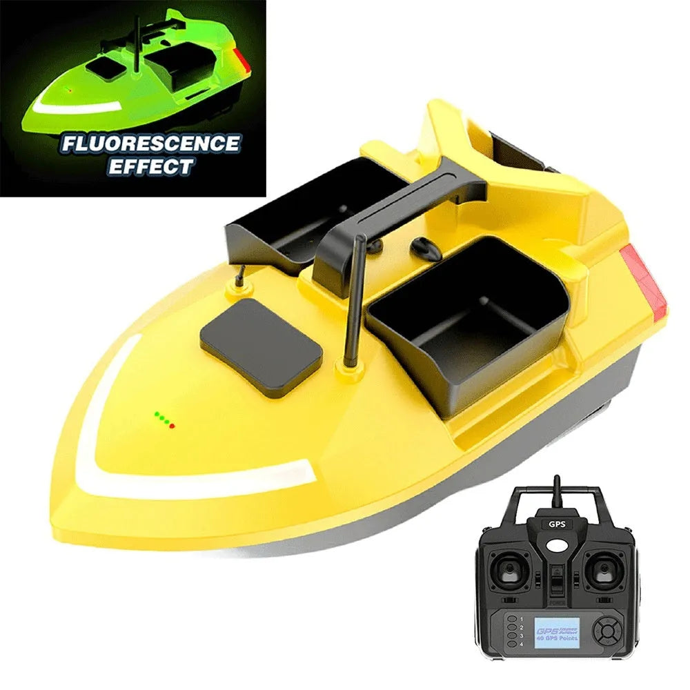 V020 GPS remote control fishing boat with LED light on hull, shown on water with remote.