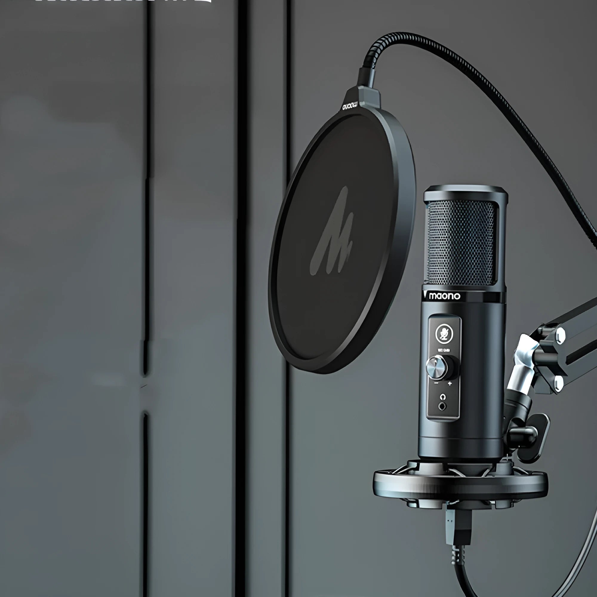 PM422 USB condenser cardioid microphone on a desk with shockproof frame and cantilever arm accessory set