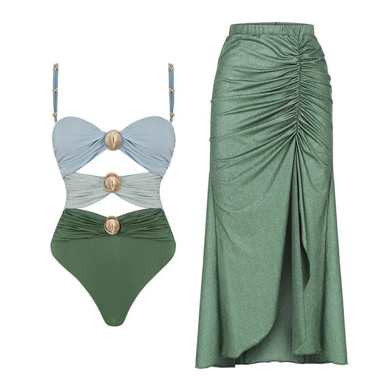 Women's yellow and green split bikini swimsuit set with high waist trousers and a wrap skirt laid flat.