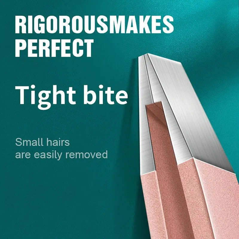 Stainless steel eye tweezer 4-piece set in silver finish, each 9.5 cm long, laid flat on a white surface