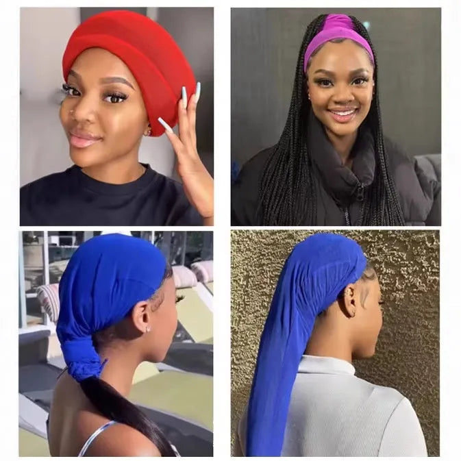 Wig mesh cap in spandex material with adjustable oversleeve construction shown in multiple colour options