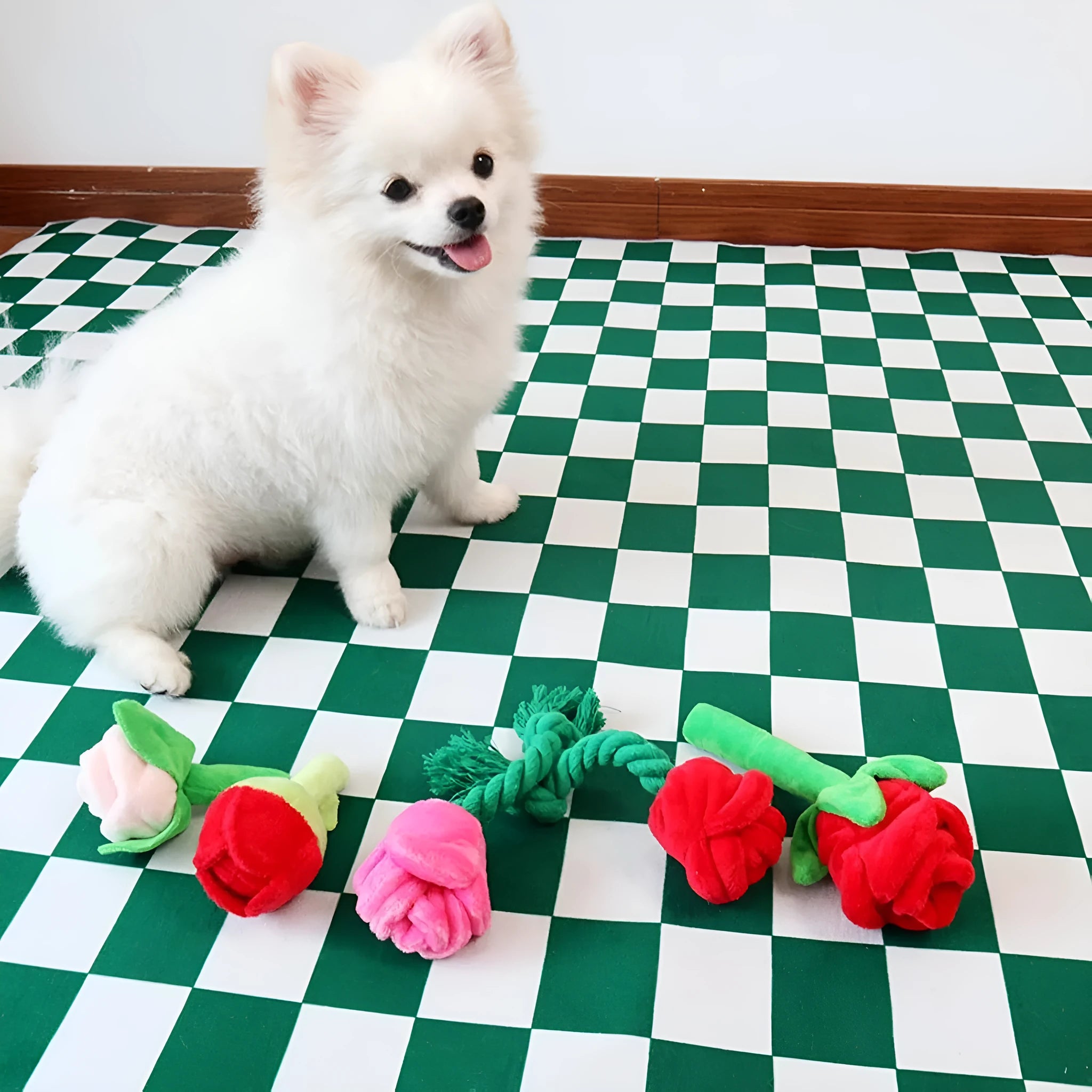 Plush rose flower dog chew toy with squeaker for small medium dogs