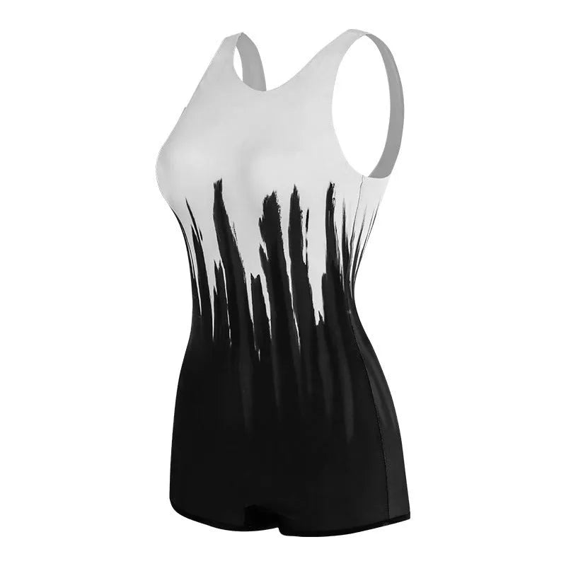 Black conservative one-piece swimsuit with printing pattern for swimming and wading.