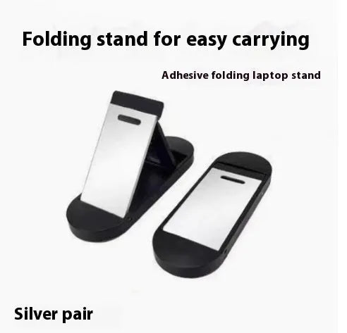 Aluminium alloy folding laptop bracket showing compact 4.8cm height with adhesive backing