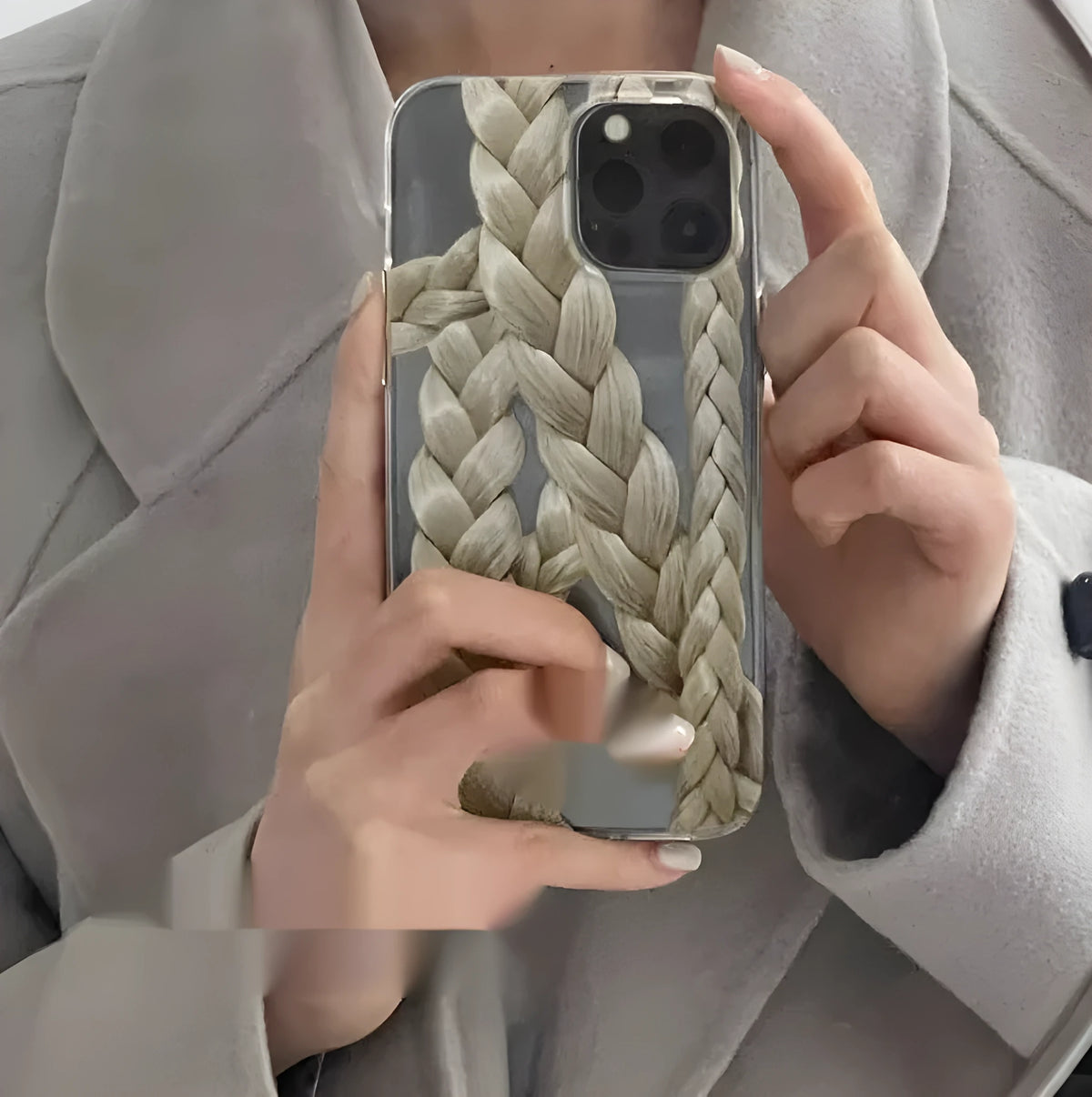 Twist braid transparent TPU phone case for iPhone showing braided edge and clear back