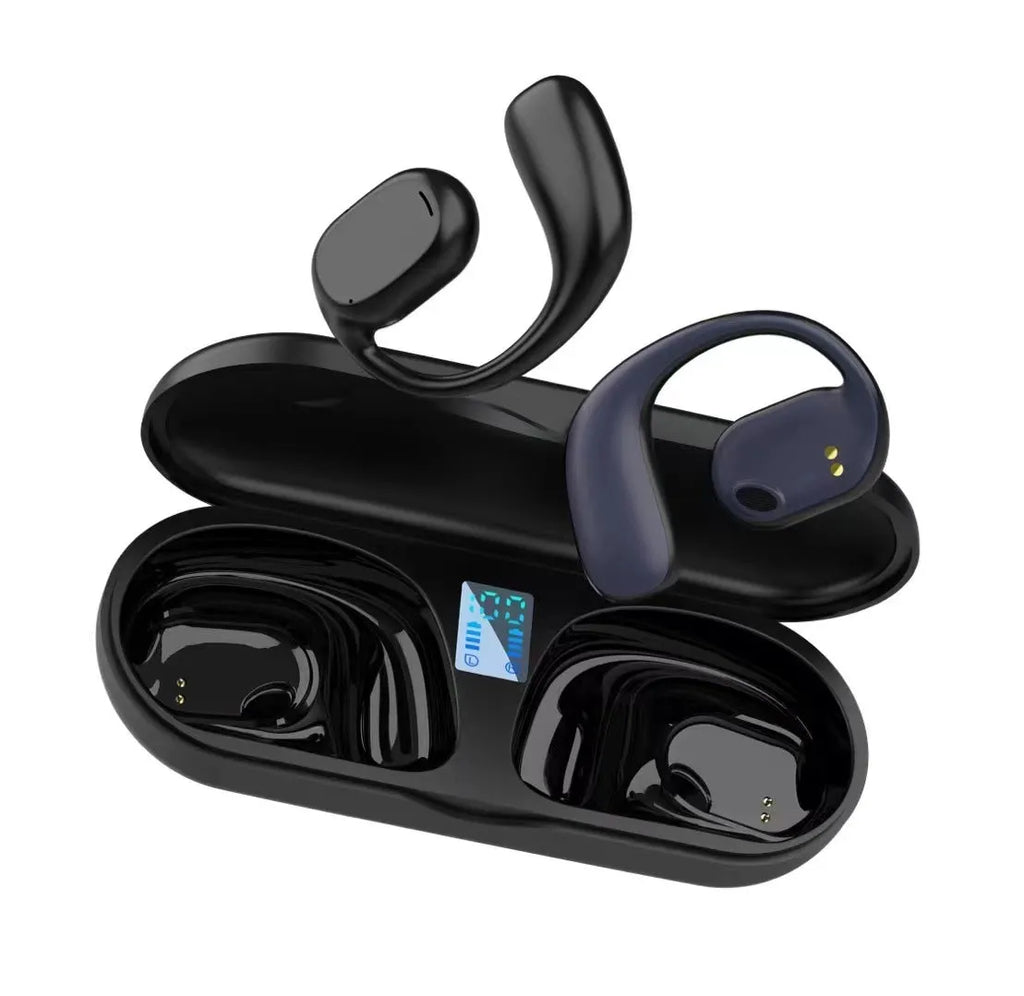 Wireless sports headphones with digital display charging case in black, hanging ear style
