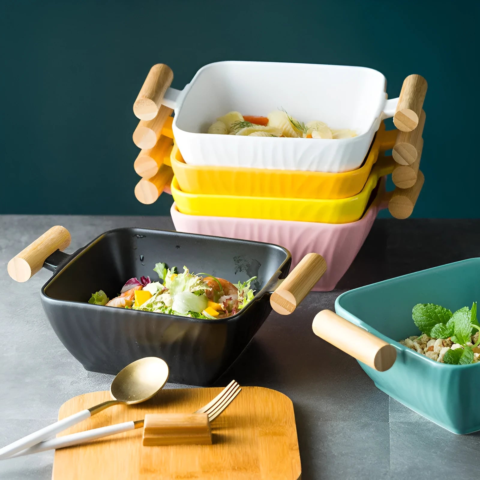 Modern ceramic bowl with irregular shape and matching lid in four colour options