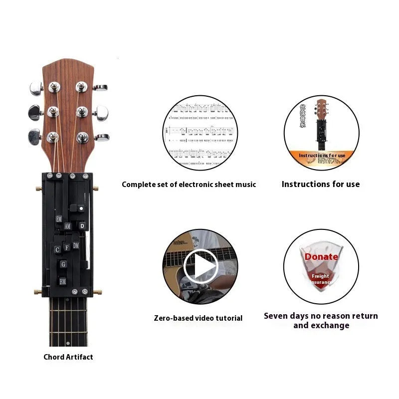 Black automatic chord practice device for novice guitar players attached to acoustic guitar