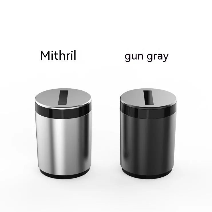 Silver aluminium automatic induction ashtray with lid open, showing compact size.