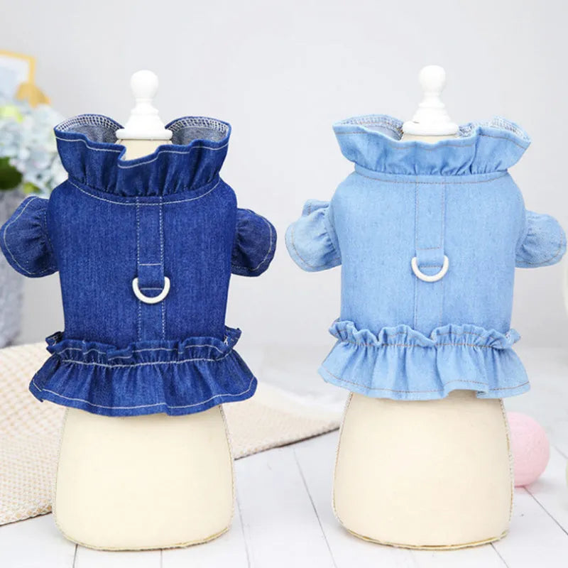 Blue denim pet dress with ruffles and integrated vest harness for dogs or cats