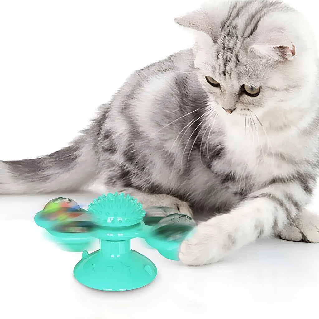 Windmill cat toy with suction cup, rotating spinner, LED ball, and catnip balls for indoor cats