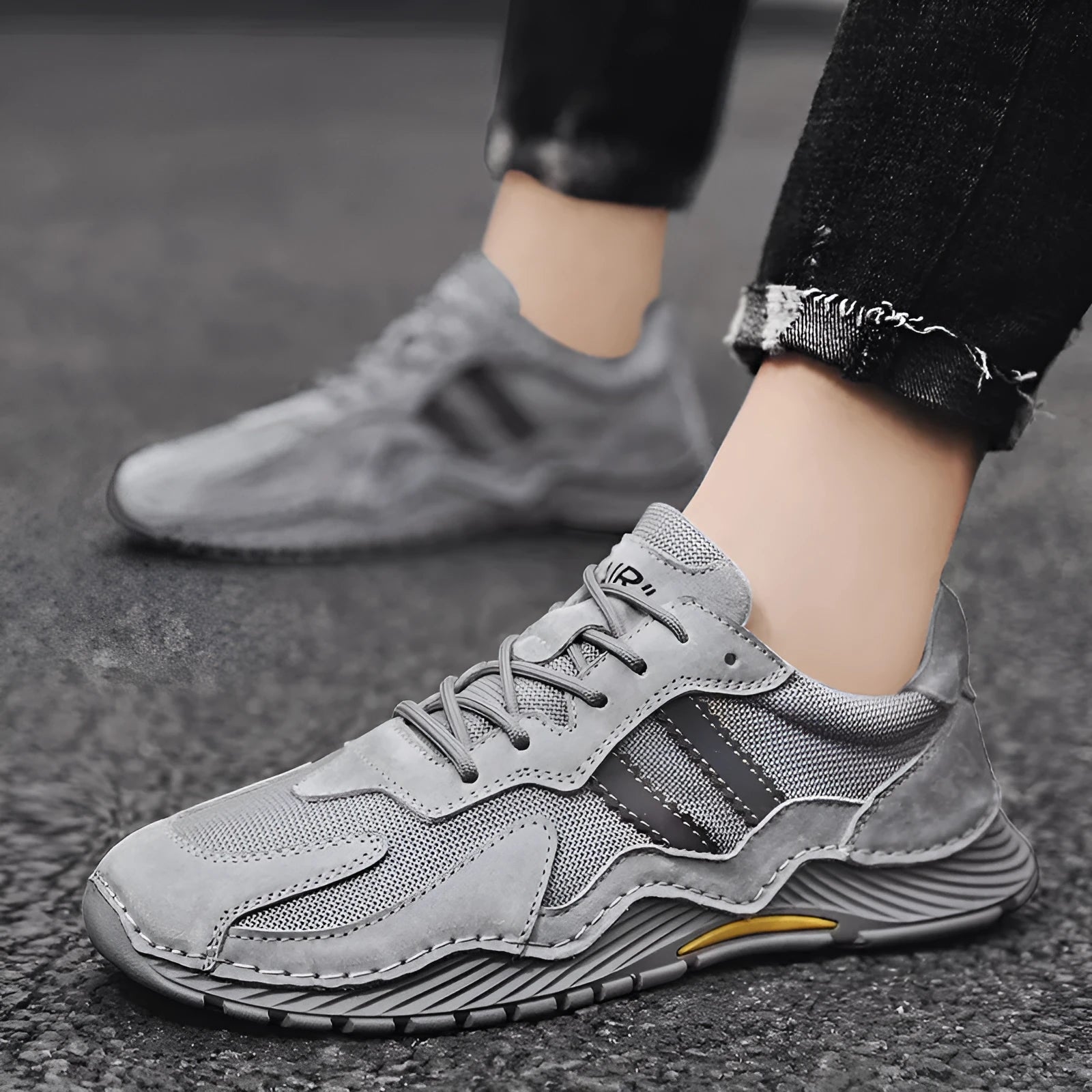 Men's grey platform hiking boots with pigskin upper and lace-up front closure