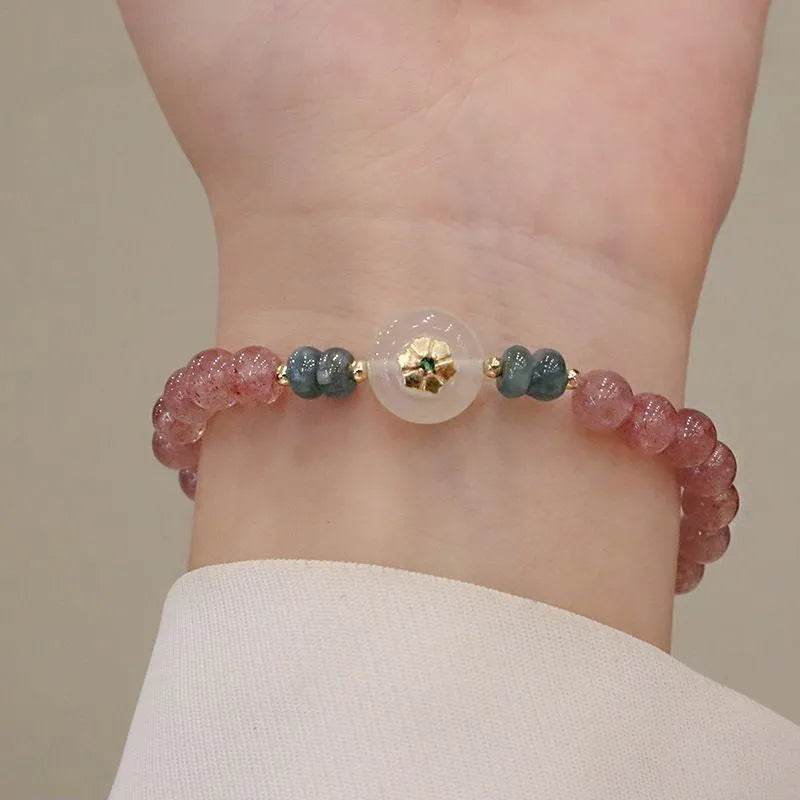 Strawberry quartz bracelet with blue water emerald pendant and Chinese geometric motifs