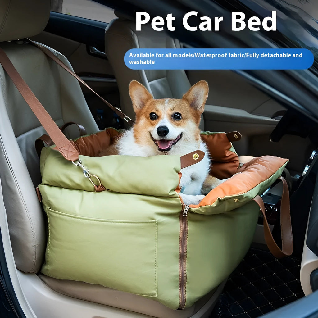Portable brown cloth car kennel for cats with dimensions 55cm by 50cm by 45cm
