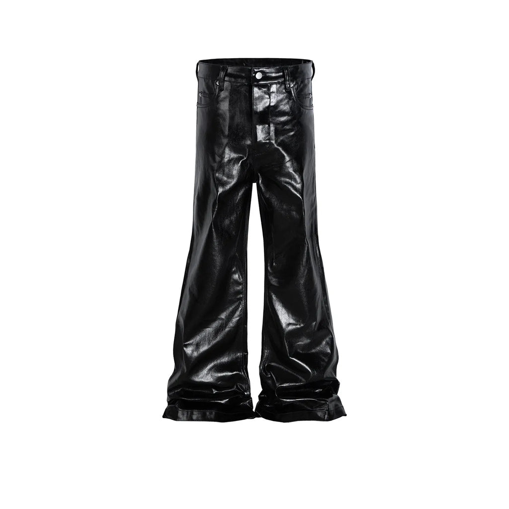 Black coated shiny patent leather skinny jeans with a straight leg and mid waist.