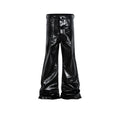 Black coated shiny patent leather skinny jeans with a straight leg and mid waist.