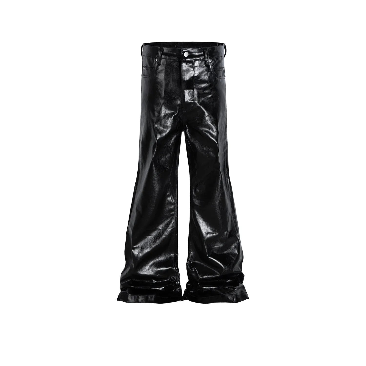 Black coated shiny patent leather skinny jeans with a straight leg and mid waist.