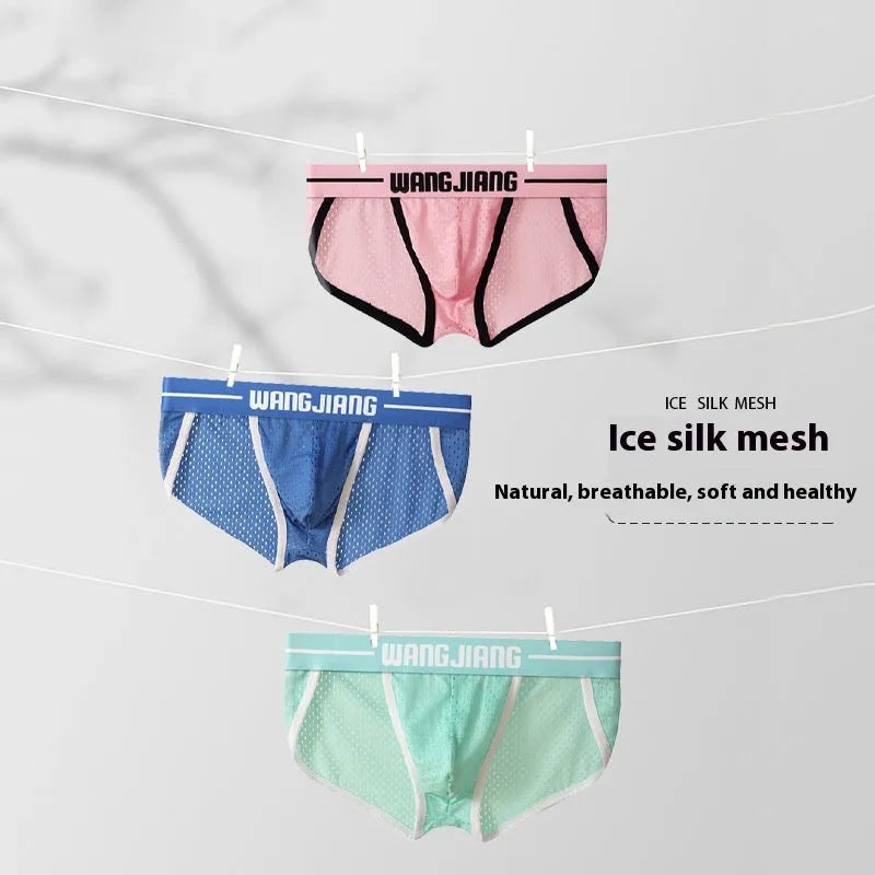 Men's ice silk triangle underwear with mesh panels in black, white, grey, blue, pink, and light green