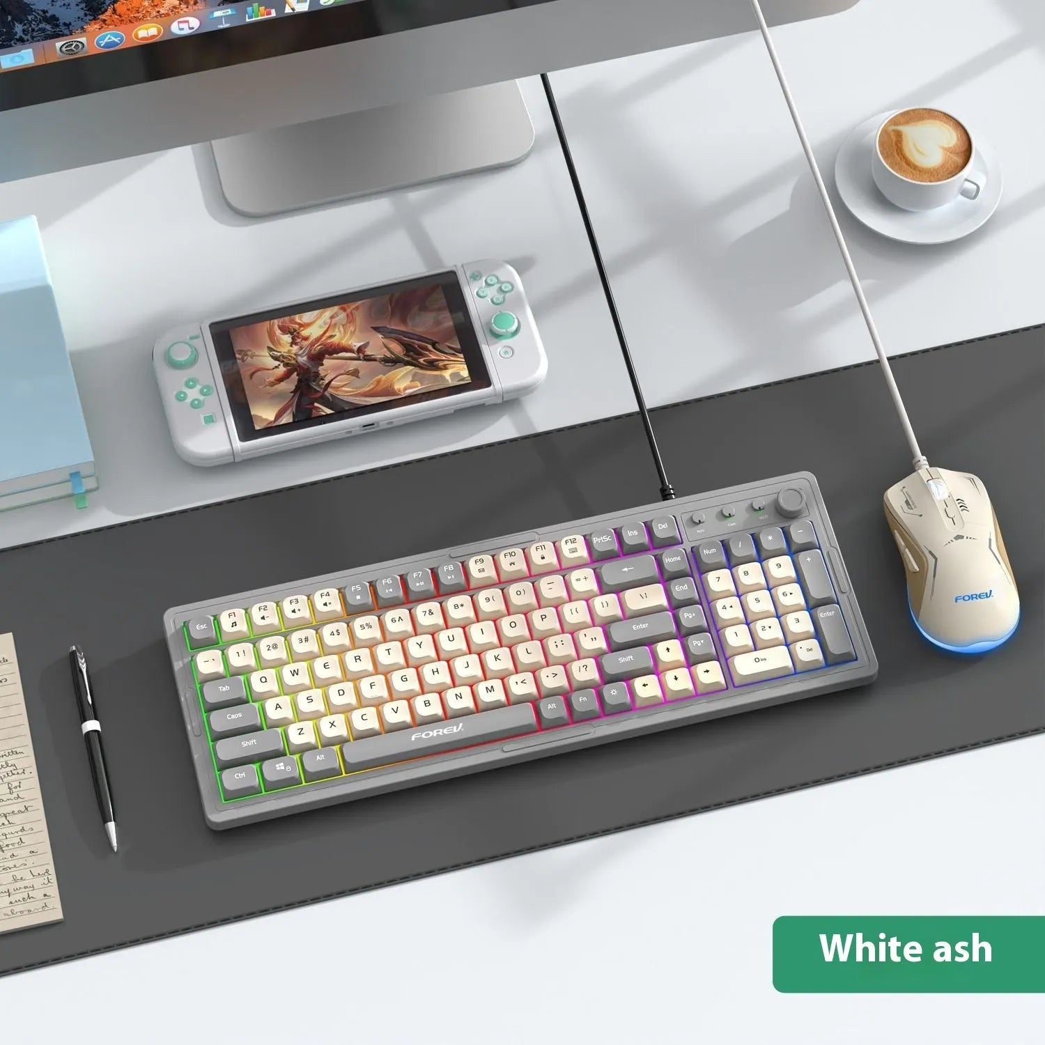 Custom mechanical keyboard and wireless mouse in selected colour option with backlight illumination.