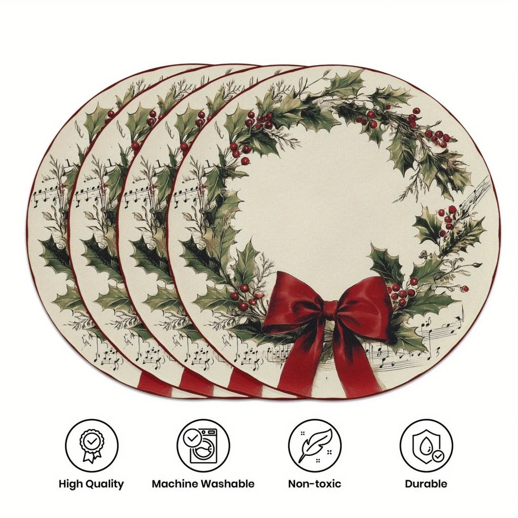 Round Christmas placemat with garland bow, holly, and snowflake pattern on linen fabric, 38cm diameter