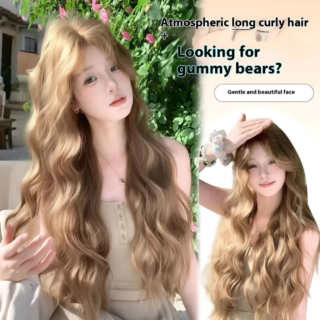 Medium long curly brown wig in linen colour made from high-temperature synthetic fibre