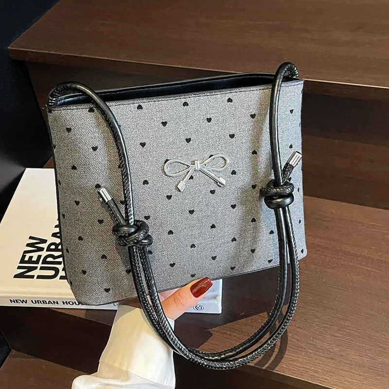 Canvas polka dot bow crossbody bag in PU with double shoulder straps horizontal square shape