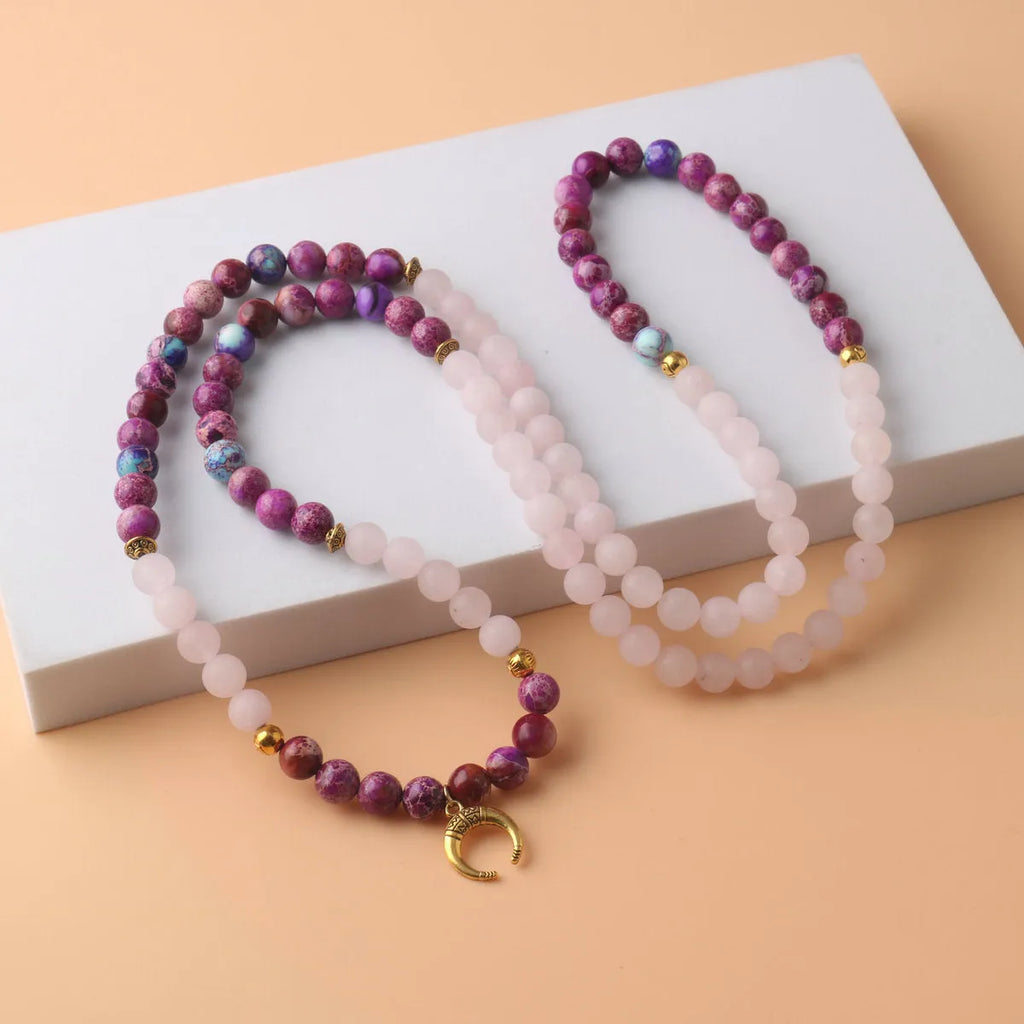 Women's personalised necklace with Emperor Stone pendant and round pink crystal beads