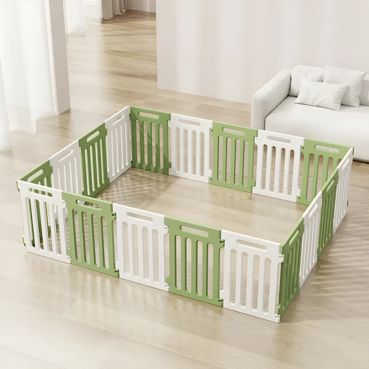 Plastic indoor dog isolation fence panels in green white, yellow white, red white or all white, 8 to 24 pieces
