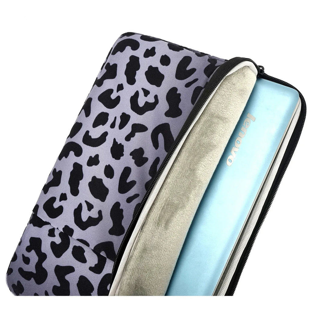 Leopard print laptop sleeve with polyester exterior and flannel lining for 13-inch to 16-inch devices