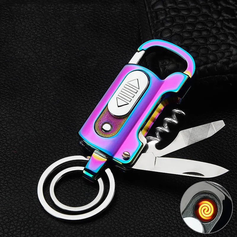 Multi-functional keychain charging lighter in zinc alloy with ice surface finish, black colour option