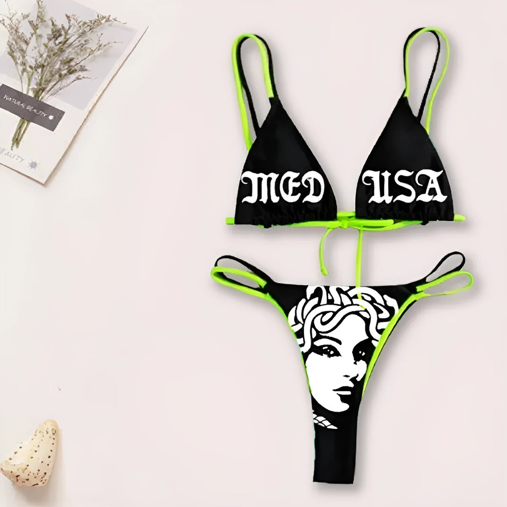 Women's black curve skull tube top bikini set with matching shorts, polyester fabric