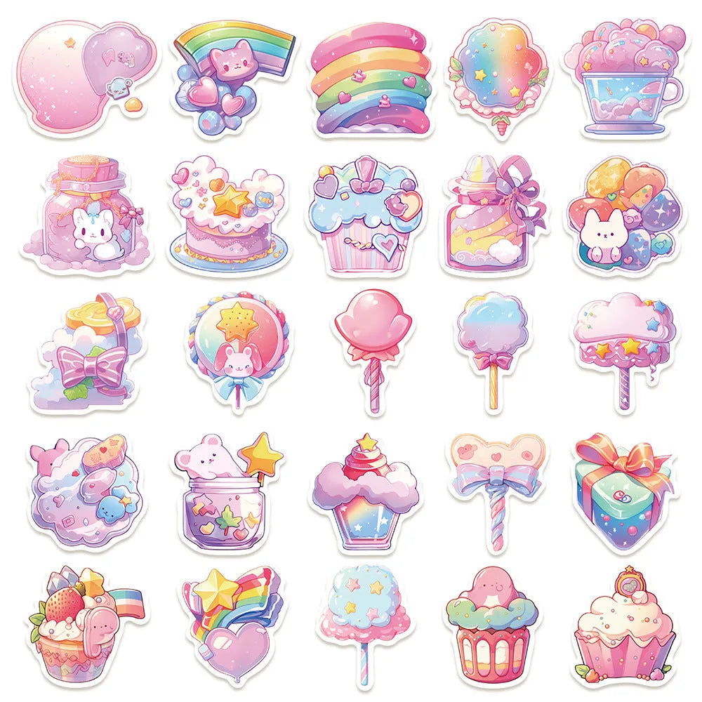 Pack of 50 sheets of cute fresh candy coloured small items waterproof decorative stickers.