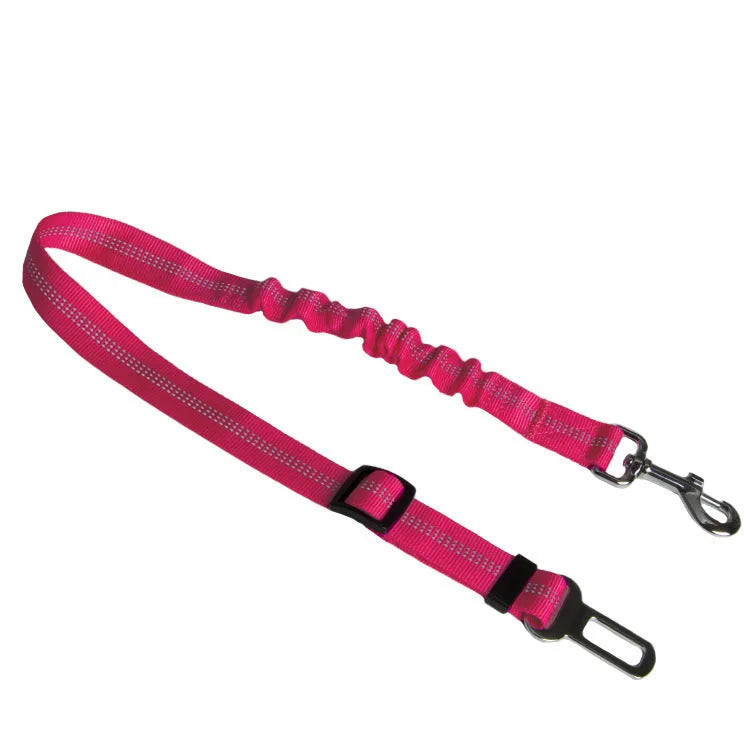Adjustable nylon dog car seat belt and towing rope in blue, black, brown, red, yellow, or green