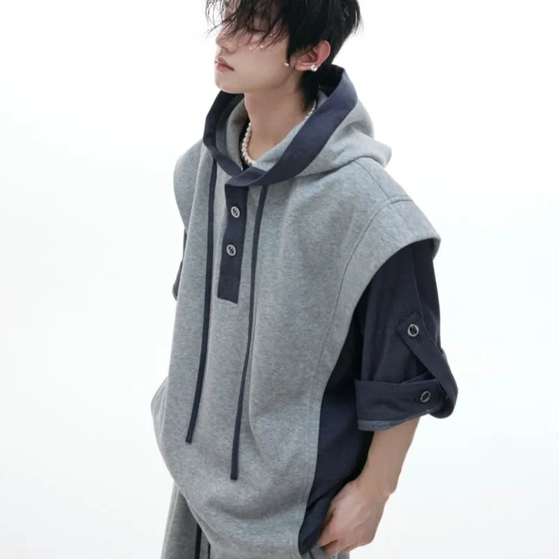 Men's black and grey polyester hooded tracksuit with three-dimensional stitching details