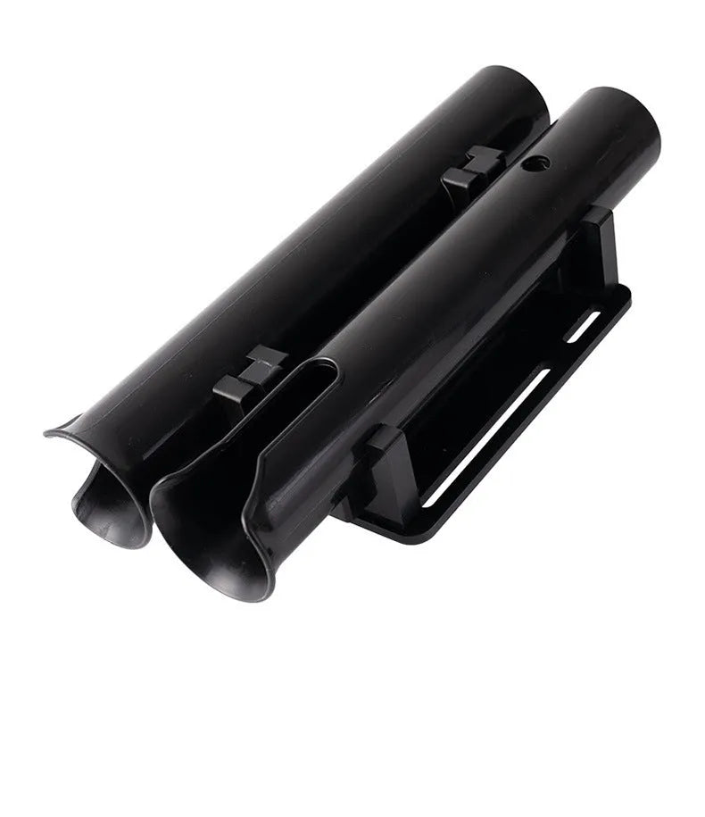 Black plastic fishing rod rack for bicycle and motorcycle mounting with clamp attachment