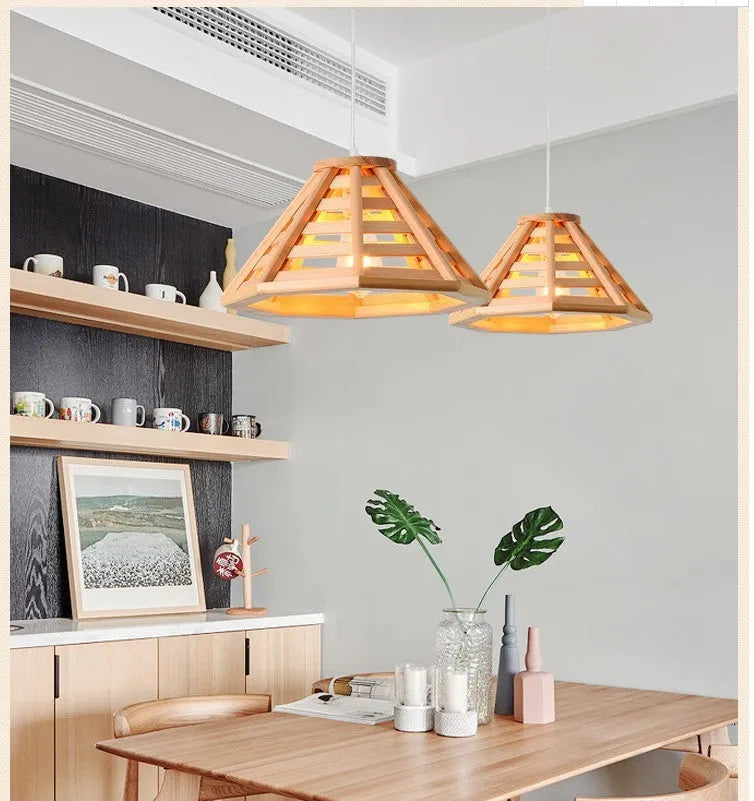 Modern minimalist bamboo woven woodcraft ceiling pendant lamp with LED light, 35cm wood colour