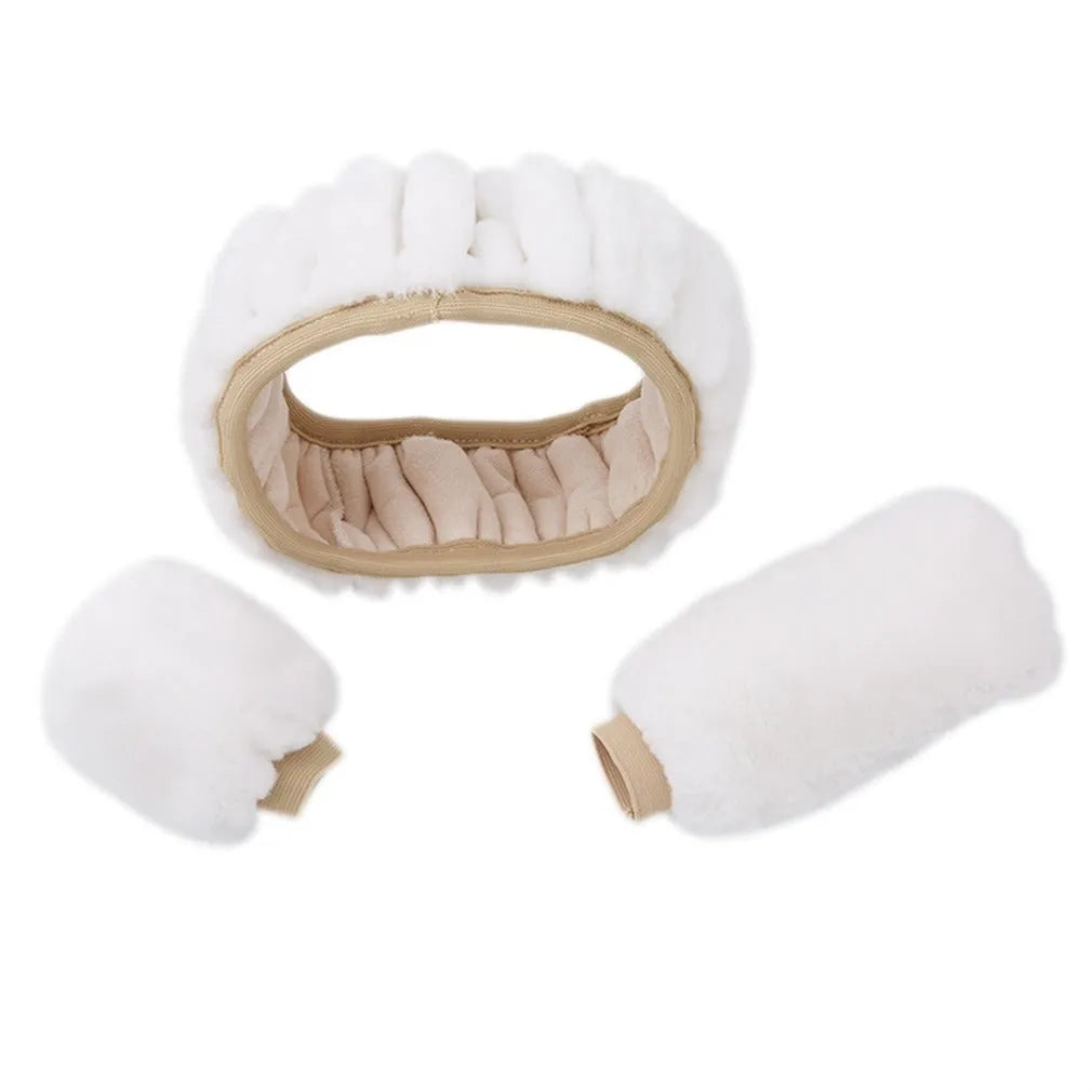 Plush car steering wheel cover set with matching gear shift and handbrake covers in multiple colour options