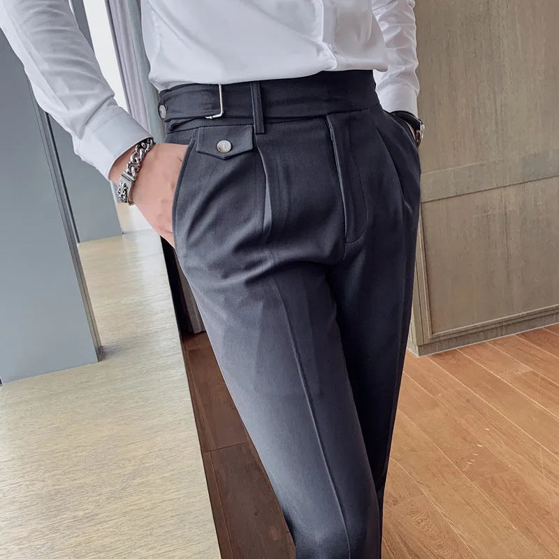 Straight-leg casual polyester trousers on a hanger, shown in a solid colour.