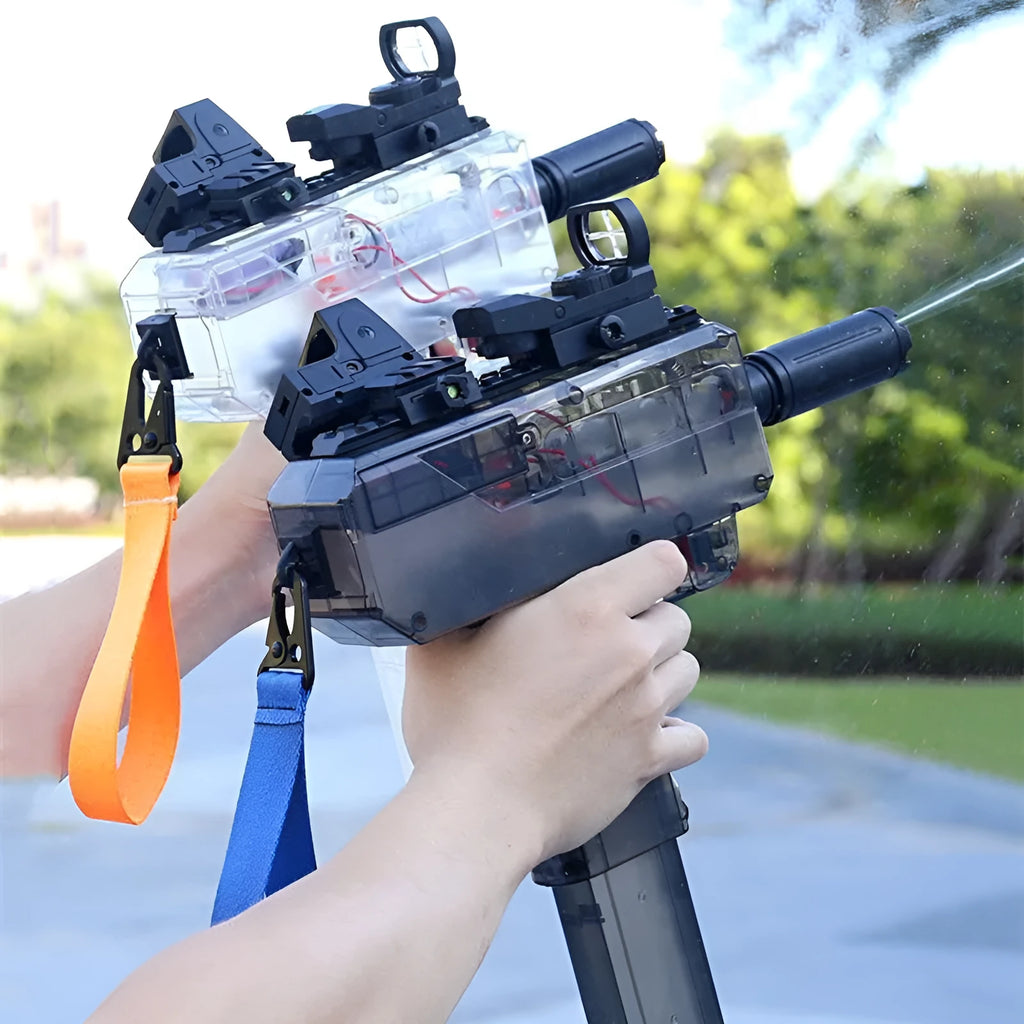 Uzi style electric water gun toy with transparent blue plastic body and attached holographic sight