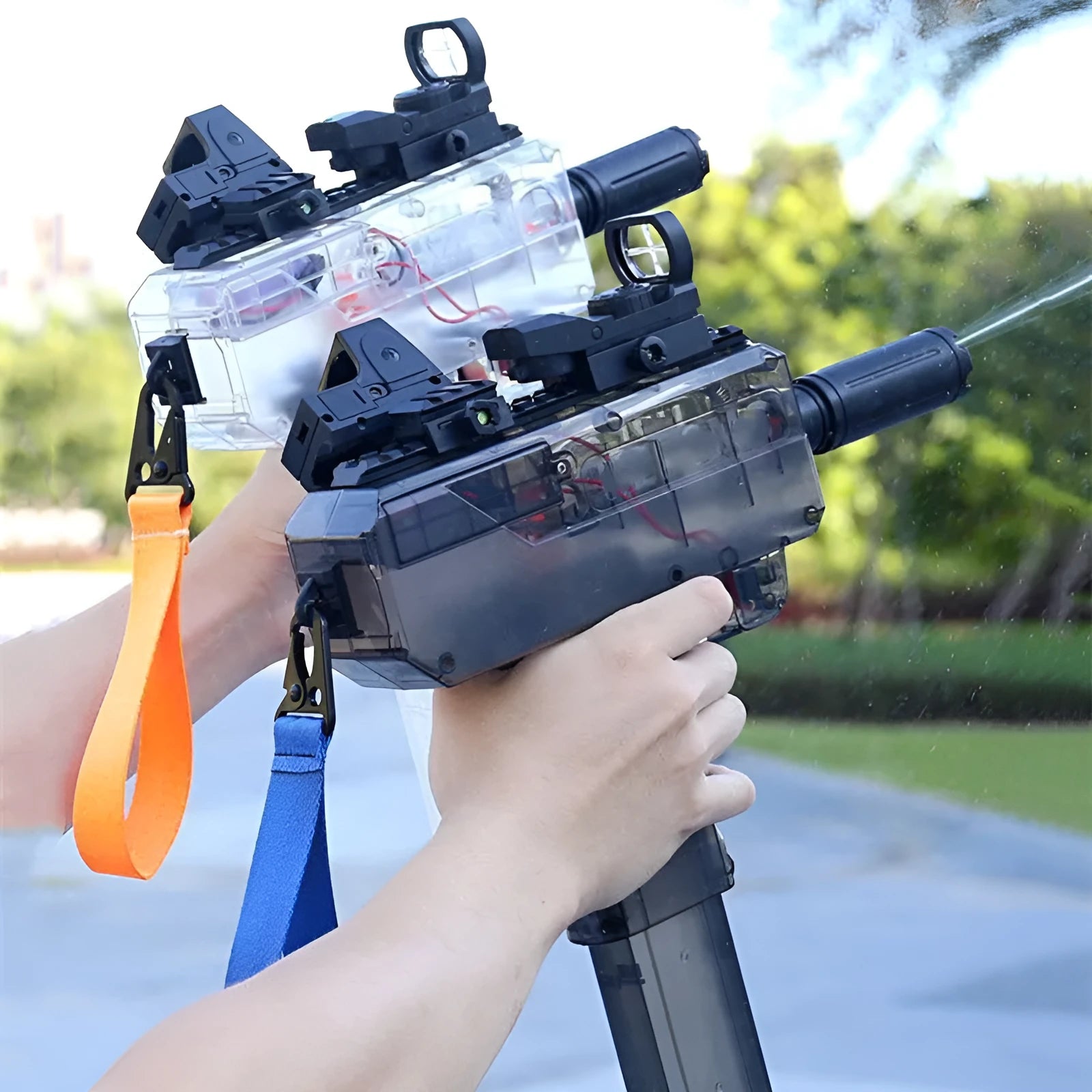 Uzi style electric water gun toy with transparent blue plastic body and attached holographic sight