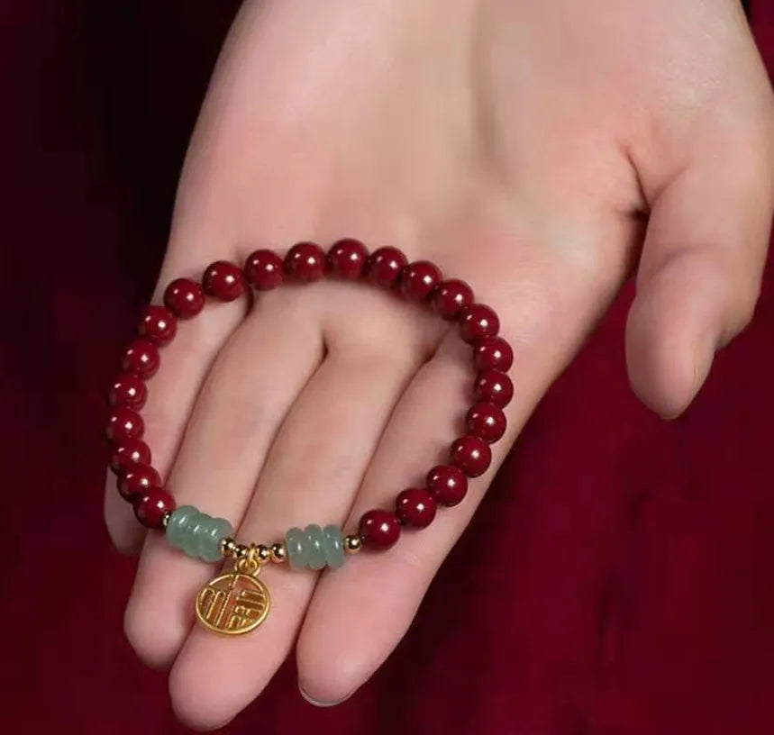 Traditional Chinese cinnabar and copper bead bracelet with wave shape design in national style