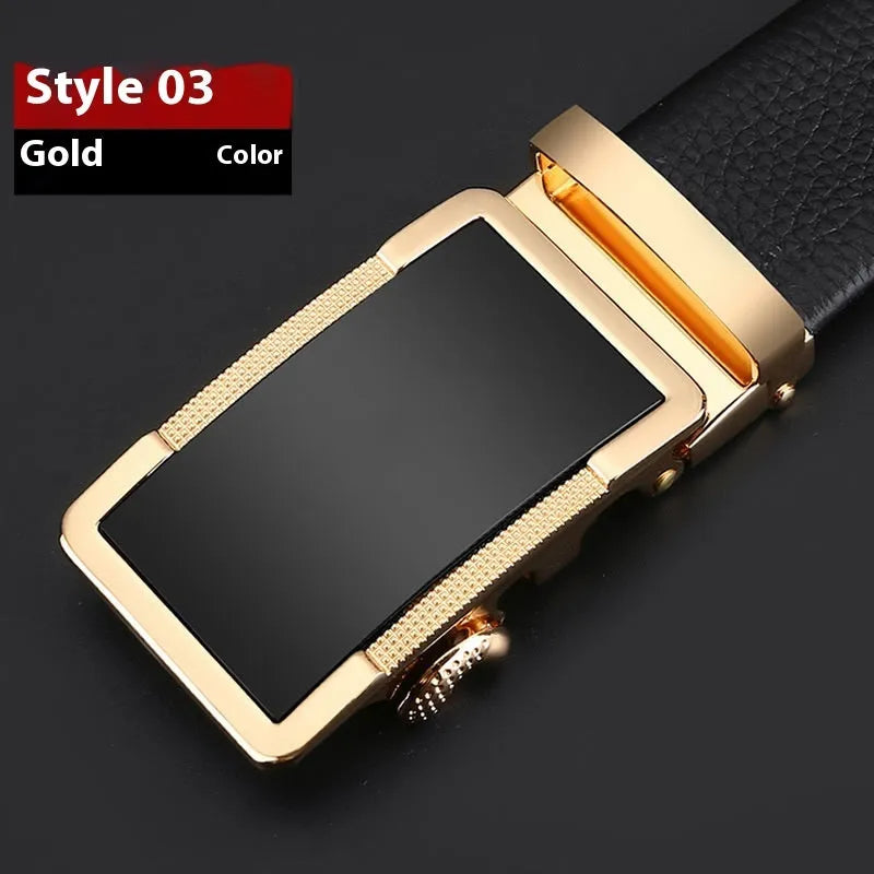 Men's leather automatic buckle belt showing alloy buckle in gun black, silver, or gold colour options.