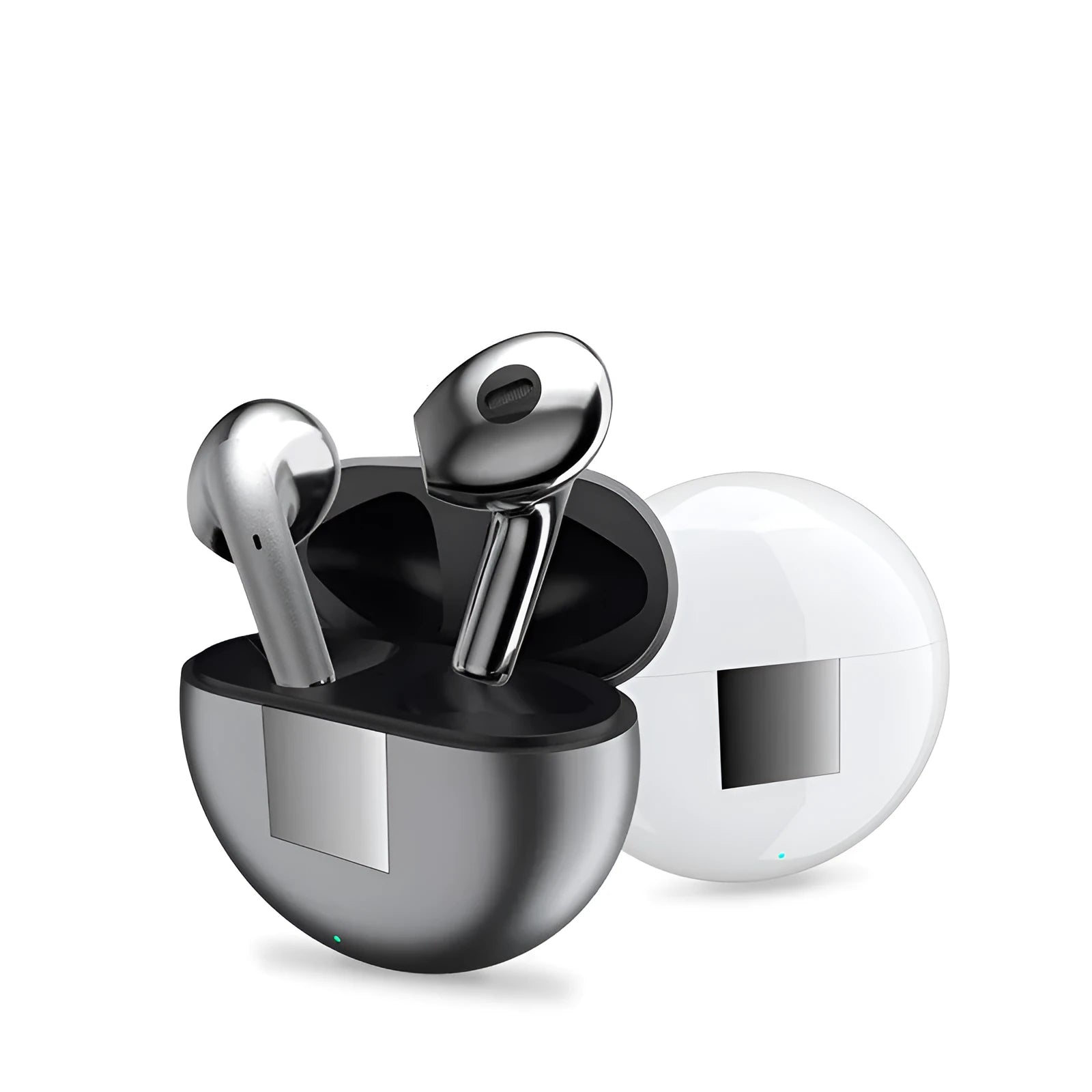 White Budz5 wireless Bluetooth earbuds and charging case on a table