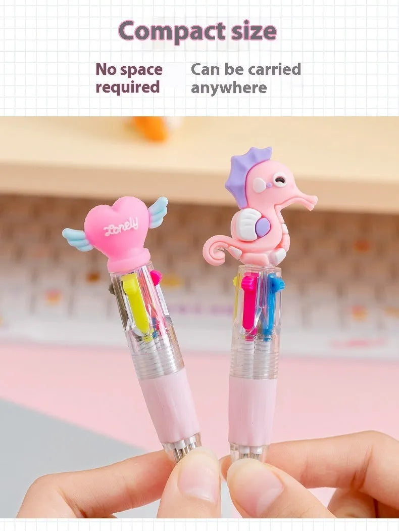 Four-colour press ballpoint pen with a random cute cartoon design, such as cactus or fast food, showing its press mechanism.
