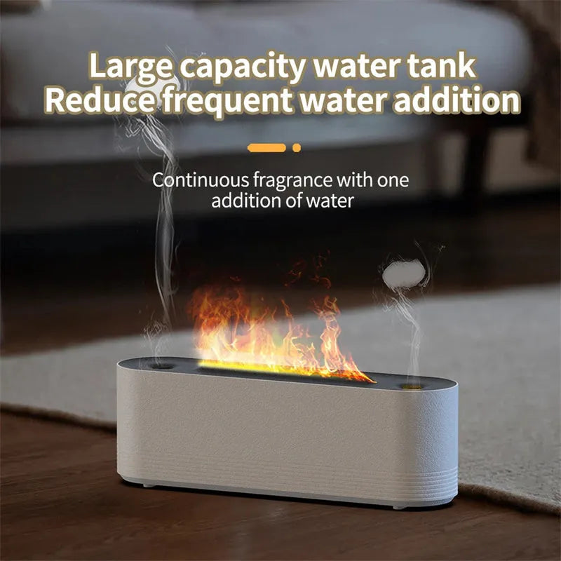 Black or white ultrasonic humidifier and aroma diffuser with LED lights creating flame mist effect.