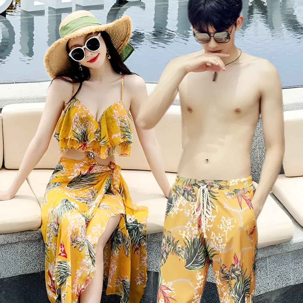 Pink floral women's push-up one-piece swimsuit with triangle belt and large veils for couple matching swimwear set