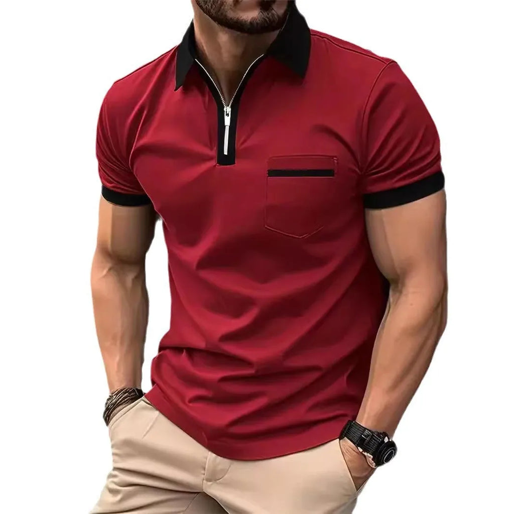 Men's loose fit short sleeve casual shirt with chest pocket and zipper decoration
