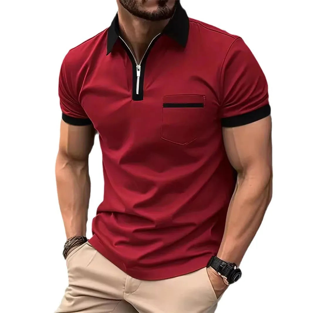 Men's loose fit short sleeve casual shirt with chest pocket and zipper decoration